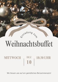 Plakat für ein Weihnachtsbuffet am 10. Dezember um 18:30 Uhr. Dekoriert mit Weihnachtsschmuck.