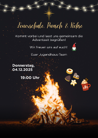 Einladung zu einer gemeinschaftlichen Weihnachtsveranstaltung in der Adventzeit mit Feuer, Punsch und Keksen im Jugendhaus.