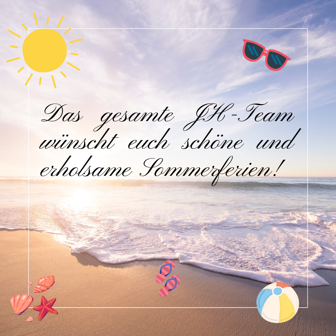 Sommerliche Grafik mit Strandmotiv, Sonne, Wellen und Strandutensilien. Wir wünschen erholsame Ferien.