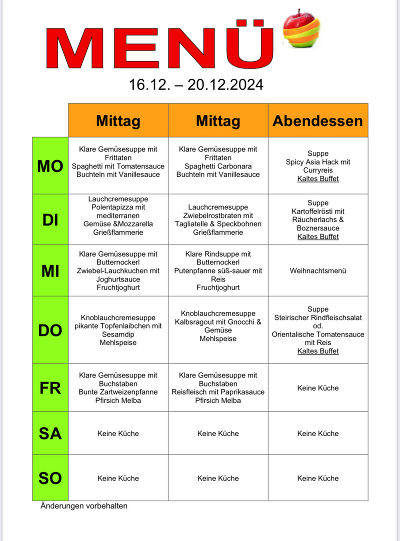 Speiseplan von 16.12. - 20.12.2024  17.Woche